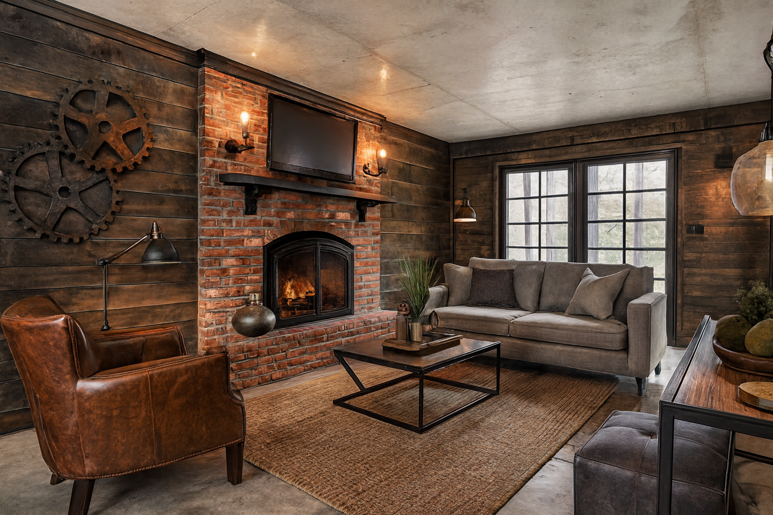 Same living room restyled in Industrial style